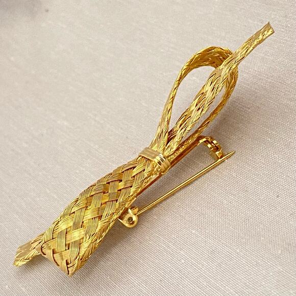 Bow Brooch Gold Tone Woven Wire Ribbon - Picture 5 of 7